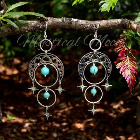 Boho Celestial Crescent Moon Dangle Earrings with Turquoise Gemstone Beads - Picture 3 of 5